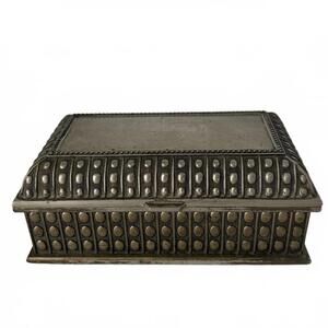 Vintage mid-century beaded metal and glass jewelry box.